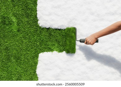 Hand using paint roller to cover white snow with vibrant green grass, symbolizing transition from winter to spring, renewal and environmental concepts. 3d rendering