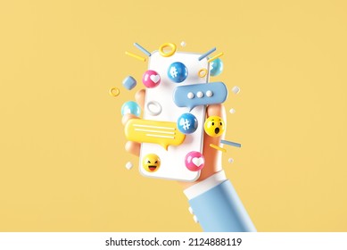 Hand Of Woman Holding Blank Mobile Phone With Love, Like, Comment, Hashtag Button On Yellow Background. Social Media Marketing Concept, 3d Render.