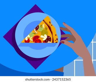 Hand of a woman sitting at a round table with a piece of pizza on a plate in flat design style. Minimalistic and flat color drawing. - Powered by Shutterstock