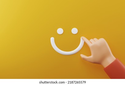 Hand Writing Happy Face Icon On Yellow Background. Positive Mental Health Assessment Score Satisfaction From Good Customer Feedback Reviews. 3D Render Illustration