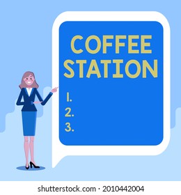 Hand writing sign Coffee Station. Concept meaning a small, informal restaurant that typically serves hot drinks Displaying Important Informations, Presentation Of New Ideas - Powered by Shutterstock