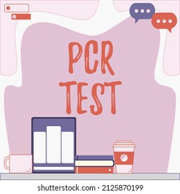 Hand Writing Sign Pcr Test. Word Written On Qualitative Detection Of Viral Genome Within The Short Seqeunce Of DNA Office Desk With Tablet Pen Holder Open Blank Notebook Arranged Properly.