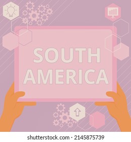 Hand writing sign South America. Business approach Continent in Western Hemisphere Latinos known for Carnivals Hand Using Big Tablet Searching Plans For New Amazing Ideas