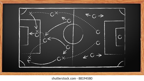 Hand Writing A Soccer Game Strategy On A Blackboard.