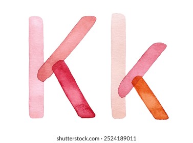 Handcrafted watercolor illustration of uppercase "K" and lowercase "k" in soft pink and red hues. For educational designs, typography, branding, and children's alphabet projects. Artistic and vibrant. - Powered by Shutterstock