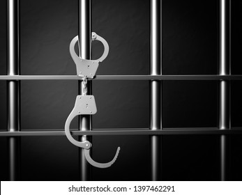 Handcuffs hanging on prison metal bars. Prison break background. 3d rendering illustration