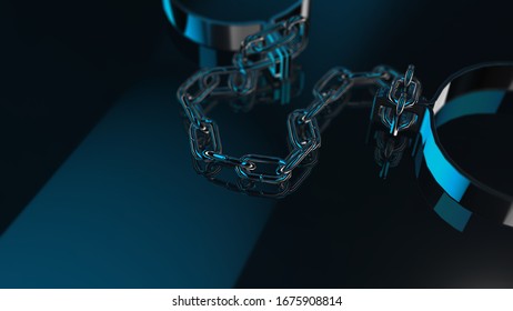 Handcuffs on reflection glass table. 3d rendering