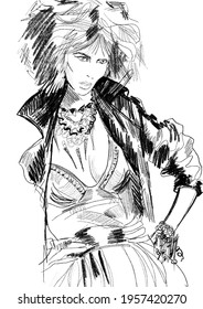 Hand  drawn abstract fashion illustration imaginary female model  and the trendy rock star outfit: leather jacket  dress  necklace   Color book page  Posing reference  Black white woman sketch  