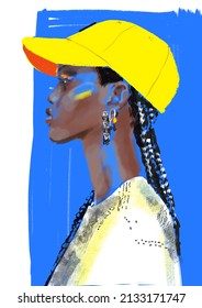 Hand-drawn abstract fashion illustration of imaginary female with cap, dreadlocks hairstyle, with trendy outfit and blue yellow Ukrainian flag art on face. All the world support Ukraine art
