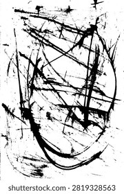 Hand-drawn abstract ink texture featuring bold, chaotic brush strokes and splatters, creating a dynamic and artistic black and white composition.
