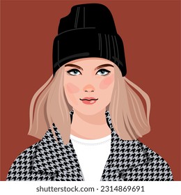 Hand-drawn beautiful woman portrait. A fashionable woman in a knitted hat . Stylish look. A fashionable girl. Stylish cosy warm image of a girl.  - Powered by Shutterstock