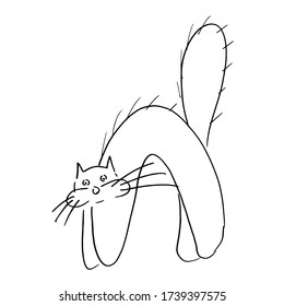 Hand-drawn Black And White Cat Doodle Sketch. The Cat Is Scared, The Hair Stands On End. Isolated Object On A White Background.