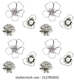 Hand-drawn Black And White Patten Of Summer Flowers