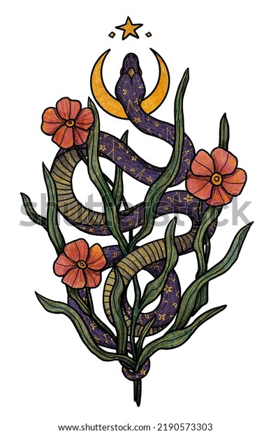 Hand-drawn boho snake illustration. Color and\
gold. Floral composition. Vintage element. Wiccan and pagan art.\
Decorative nature. Isolated on\
white