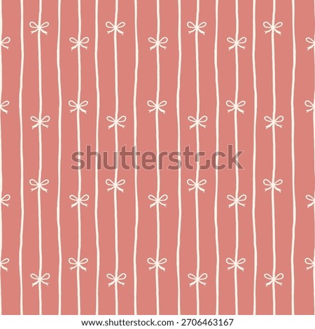 Hand-drawn bow stripe seamless pattern in soft coral pink tones, cute whimsical ribbon design, doodle bow background, simple feminine repeating wallpaper, wrapping paper texture, nursery and fabric 