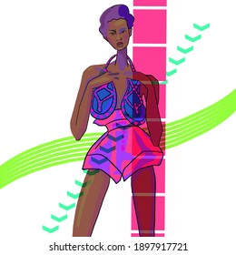 Hand-drawn Bright Neon Colorful Stylized Fashion Illustration Of Imaginary Female Afro Model In Trendy Outfit: Beach Suit And Sandals On Abstract Geometric Art Background. Fashionista Vacay Gift Card