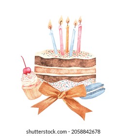 Hand-drawn cake, cupcakes and macaroons. Watercolor vintage illustration on the theme of birthday. Isolated on a white background. For your design of greeting cards, invitations, fabrics. - Powered by Shutterstock