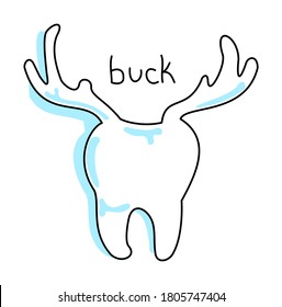 Hand-drawn cartoon "buck" tooth with deer antlers. 