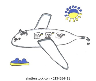 Hand-drawn child's drawing of an airplane with Ukrainian cats and flags against a sky with a sun and a cloud of blue and yellow colors