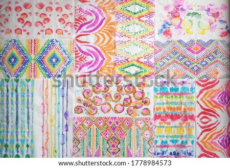 Hand-drawn colorful abstract patchwork background. Watercolor tie dye creative modern pattern. Ethnic artistic colorful background.