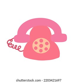 Hand-drawn Cute Isolated Clipart Illustration Of Y2k Old Rotary Phone. 2000s Pink Analog Telephone On White Background.