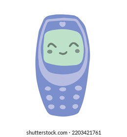 Hand-drawn Cute Isolated Clipart Illustration Of Y2k Old Cell Phone With Smiling Face. 2000s Blue Retro Mobile Phone On White Background.