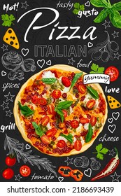 Hand-drawn Detailed Drawing. Delicious Cartoon Style. Food Poster, Advertising, Fast Food, Ingredients, Pizzeria Menu, Pizza. Hand Painted Sliced Veggies, Cheese, Pepperoni, Splash.