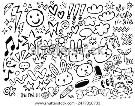 Hand-Drawn Doodle Elements: Cute and Fun Illustrations with Hearts, Stars, Animals, and Symbols for Creative Projects