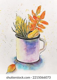 Hand-drawn Drawing, Watercolor, Mug With Autumn Leaves.