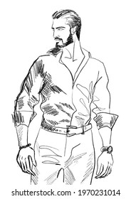 Hand-drawn Fashion Illustration Of   Imaginary Male Model Fit Figure In   Fashion Outfit. Color Book Page. Posing Reference. Black White Man Sketch. Comic Book Art. Romance Novel Character