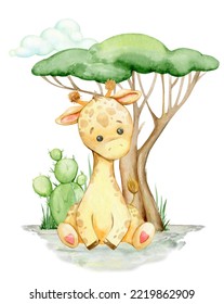 A Hand-drawn Giraffe Sits On A Background Of A Tree And A Cactus. Children's Cartoon-style Clip Art.