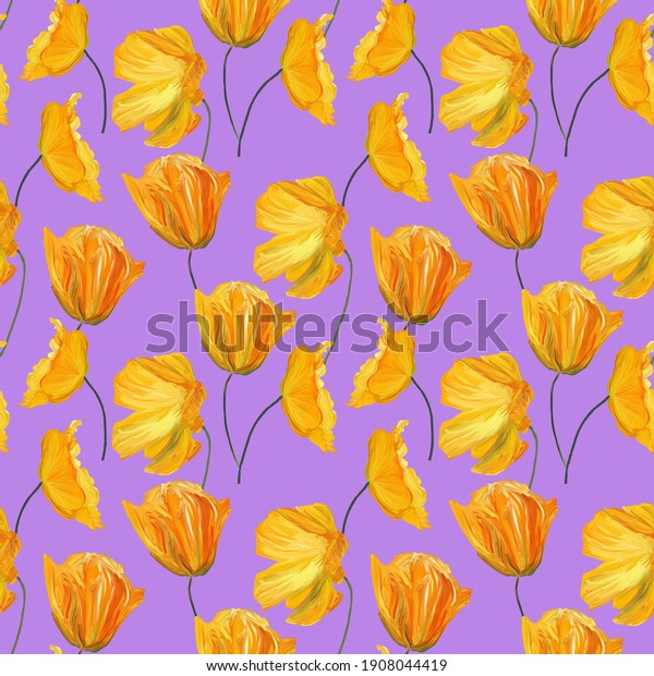 紫の背景に手描きのグーアッシュ花柄と黄色いポピーの花柄 織物用の自然な繰り返し印刷 壁紙 のイラスト素材