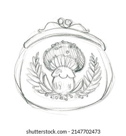 Hand-drawn Graphite Pencil Sketch Of Vintage Coin Purse With Amanita. Freehand Pencil Drawing Isolated On White Background. Can Be Used In Stickers, Scrapbooking And Wrapping Paper.