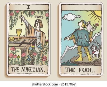 Hand-drawn, Grungy, Textured Tarot Cards Depicting The Magician And The Fool.