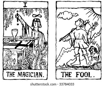 Hand-drawn, Grungy, Textured Tarot Cards Depicting The Magician And The Fool.