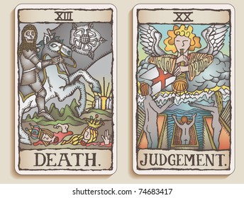 Hand  drawn  grungy  textured Tarot cards depicting the concept Death   Judgment 