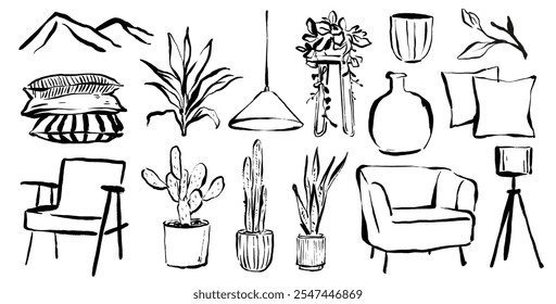 Hand-drawn home decor elements, including plants, chairs, and cushions. Black and white sketches of decor items like lamps and vases, perfect for design inspiration. Isolated on white background.