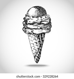 Hand-drawn ice cream in cone sketch, black and white, isolated illustration.