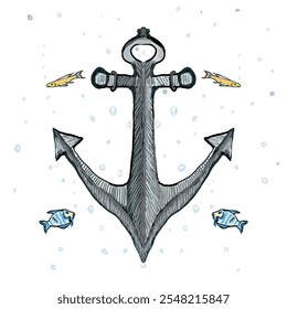 A hand-drawn illustration of an anchor surrounded by bubbles and small fish, evoking a nautical and marine theme. Ideal for decor, graphic design, postcards, posters, and maritime projects. - Powered by Shutterstock