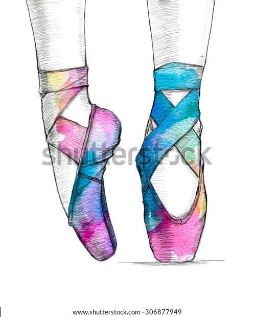 バレエシューズのバレリーナの足の手描きのイラスト 点の靴は 色と水しぶきを塗ります 白い背景にイラトス のイラスト素材