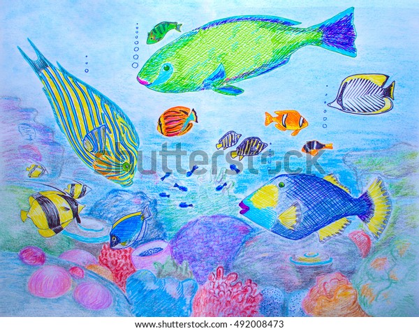 Handdrawn Illustration Coral Fishes Colorful Pen Stock Illustration ...