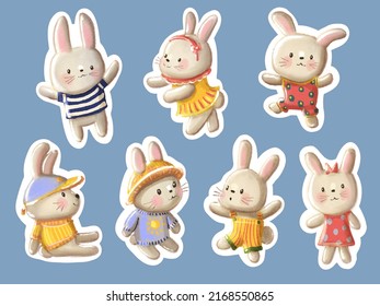Hand-drawn illustration of funny cartoon Bunnies.  A set of stickers. Digital illustration.