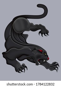 A Hand-drawn Illustration Of A Stalking Black Panther, Influenced By Old-school Tattoo Illustrations.