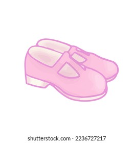 Hand  drawn isolated clip art illustration pink girly Mary Jane shoes  Side view pair cute shoes  drawing white background 