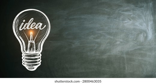 Hand-drawn lightbulb with idea text on chalkboard background showing creative concept for education, learning and business, 3D Rendering