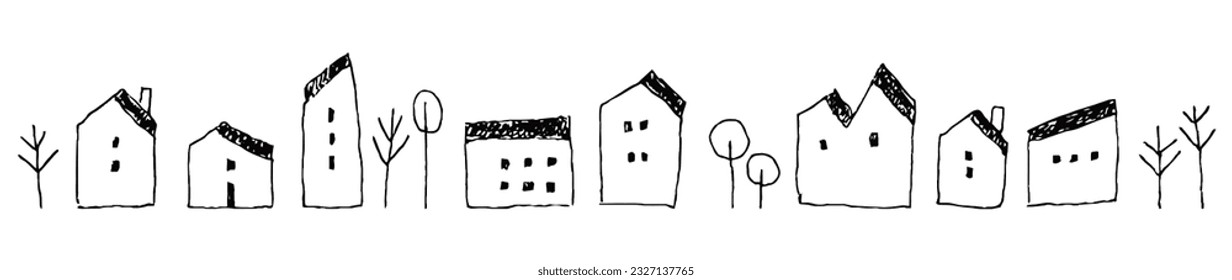 Hand  drawn line drawings cute houses lined up_horizontal