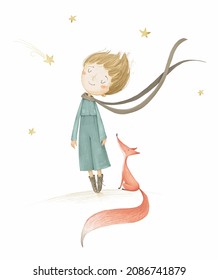 A Hand-drawn Little Prince And A Red Fox On A White Background. Cute Cartoon Style. Stock Illustration.