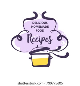 Hand-drawn logo for delicious homemade food recipe. Concept template logotype with abstract cooking soup isolated on white background.