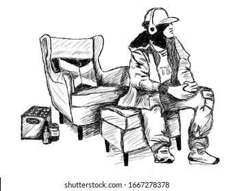 

Hand-drawn Man With Headphones Sitting With Chair And Crate Of Beer, Pen And Ink Illustration