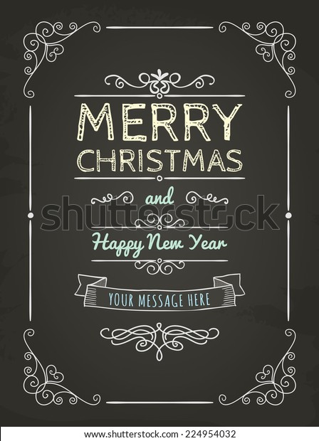 Hand-Drawn Merry Christmas Greeting\
Card on Chalkboard Texture. Space for Text.\
Illustration